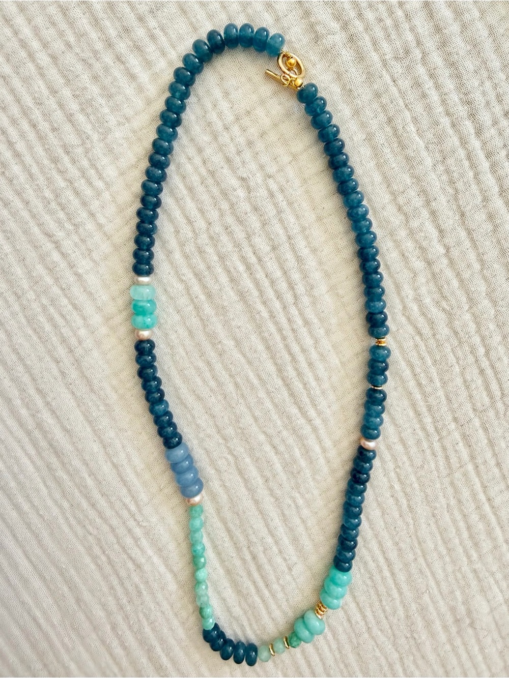 Teal and Aqua Beaded Necklace with Gold Accents - Unbranded